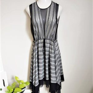 BCBGMaxAzria Black and Silver Striped Asymmetrical Hem Mesh Dress Coverup